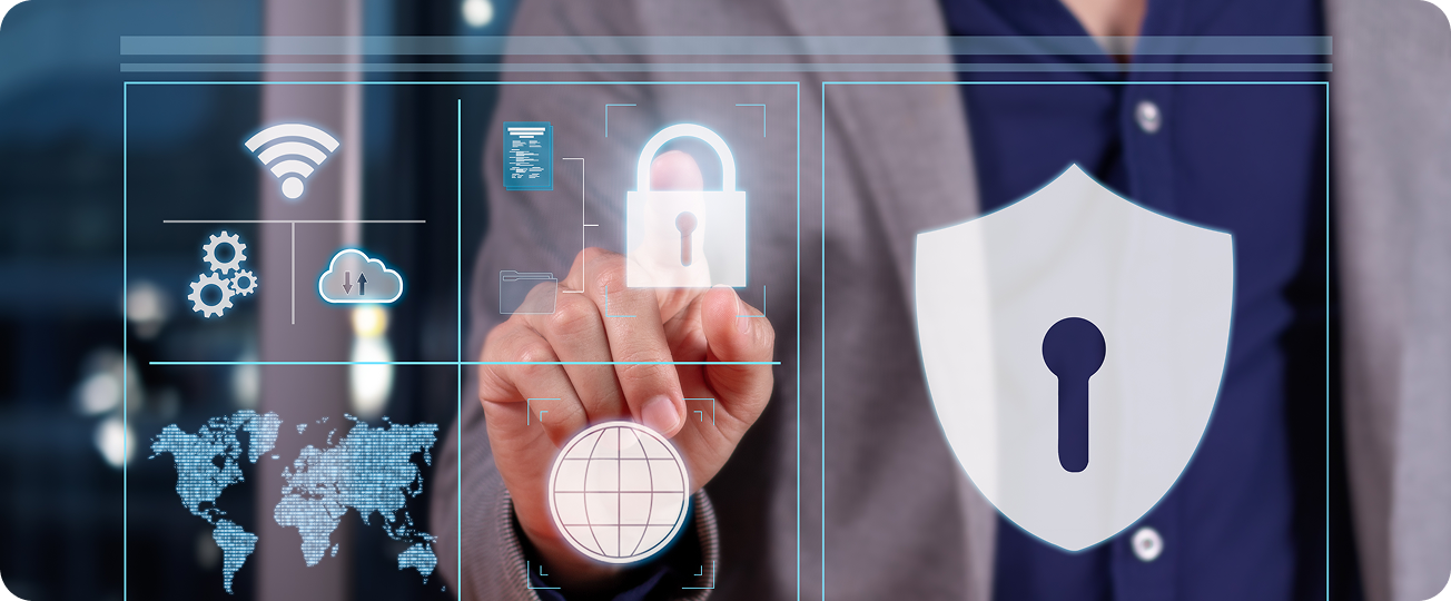 Cybersecurity interface with digital security icons